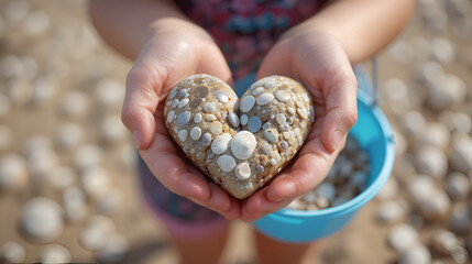 A close up photo of a girl holding a bucket and a heart shaped rock she found while collecting seashells at the beach.