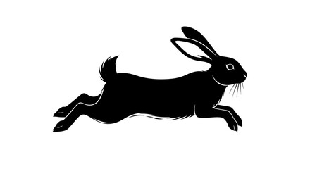 Obraz premium Dynamic black silhouette of a running rabbit on an isolated white background.