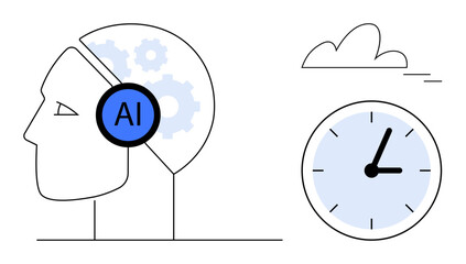 Obraz premium Profile of a human head with gears and AI label, clock representing time, cloud for connectivity. Ideal for AI concepts, technology, automation, time management, innovation, productivity future
