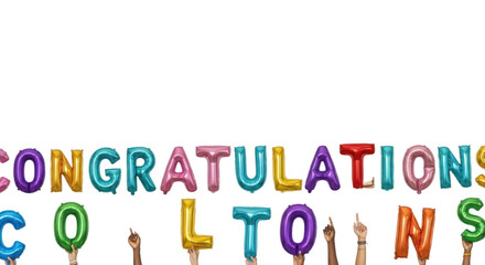Colorful balloons spelling out congratulations and coltons held up by hands, isolated on transparent background