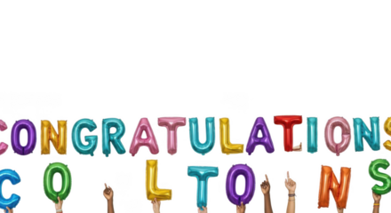 Colorful balloons spelling out congratulations and coltons held up by hands, isolated on transparent background