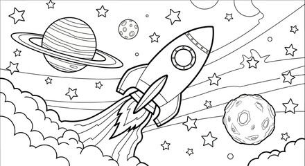 Engaging black and white coloring page of a rocket launching into outer space with planets and stars. © shankara