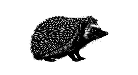 Detailed black silhouette of a hedgehog standing on an isolated white background.