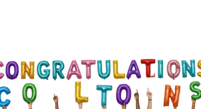 Colorful balloons spelling out congratulations and coltons held up by hands, isolated on transparent background - Powered by Adobe
