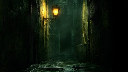Atmospheric Rainy Alleyway With Antique Streetlight at Night Urban Setting
