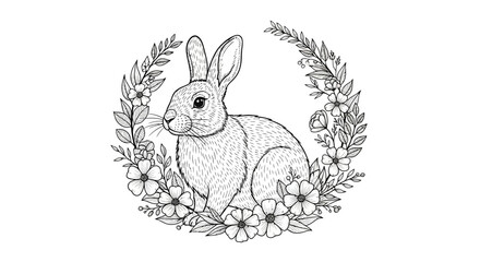 Adorable rabbit sitting peacefully within a beautiful floral wreath, cute spring animal, isolated white background.