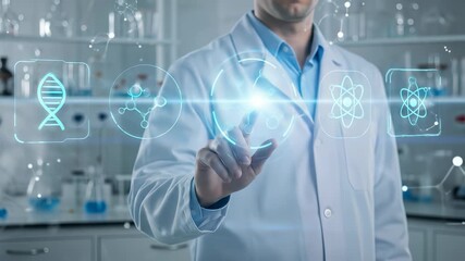 Biotechnology and Scientific Research: Male adult scientist in a lab coat explores an advanced holographic interface with molecule, DNA, and atom icons, symbolizing innovation and medical technology  - Powered by Adobe