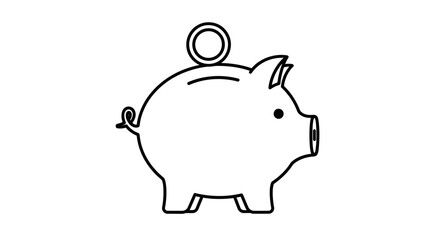 Outline of a Piggy Bank with a Coin Falling In on an Isolated White Background