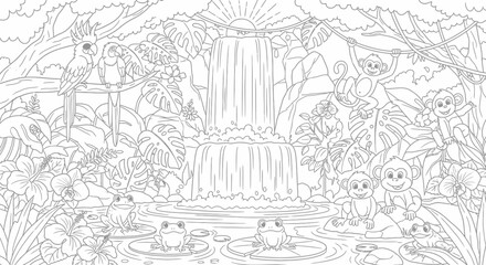 Fototapeta premium Coloring page of playful monkeys and frogs in a lush jungle with waterfall