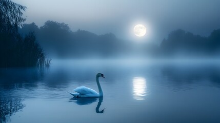 Ethereal Tranquility Graceful Swan Floating on Misty Lake with Moonlight