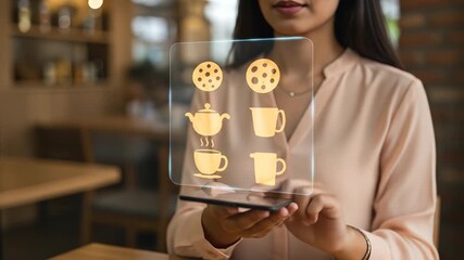 South Asian woman interacts with a futuristic digital menu on her smartphone, displaying a holographic augmented reality interface to select items like cookies and tea in a modern cafe.
