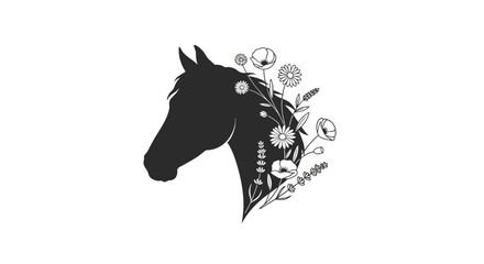 Horse Head Silhouette with Wildflowers and Leaves, Nature and Animal Art, Isolated White Background