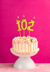 Number 102 birthday candle - Pink celebration cake with drip icing