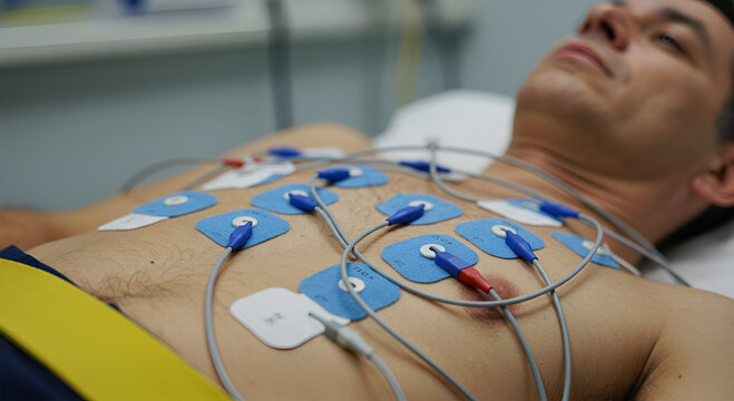 Man lying down with EKG electrodes attached to his chest, undergoing a cardiac test in a medical setting.