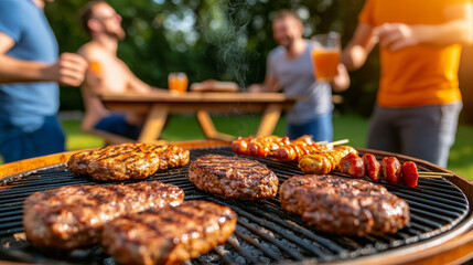 Grilled burger patties, skewers, friends, outdoor picnic, summer, happy, social gathering