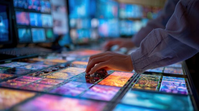Focused medium shot of a technician controlling a zerolatency cloud switcher device with softly blurred digital maps and multiple live video thumbnails fading into the background.