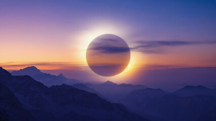Fototapeta premium Surreal Solar Eclipse over Mountains During Sunset with Vibrant Sky