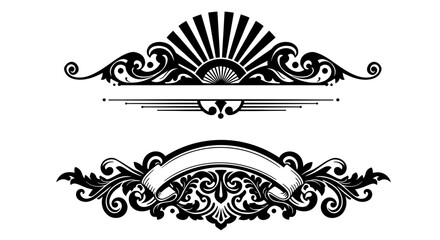 Elegant black and white vintage decorative elements featuring an ornate sunburst design and a classic scroll ribbon banner, perfect for design projects.