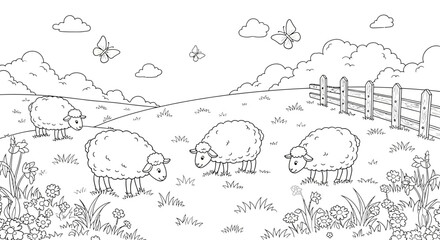 Peaceful Sheep Grazing in a Green Pasture with Butterflies and a Wooden Fence, Outline Coloring Page