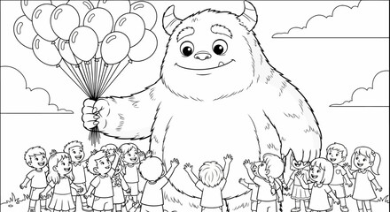 Friendly Monster Holding Balloons for Happy Children in an Outdoor Celebration Scene, Outline Coloring Page