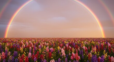Floral Meadow Under a Double Rainbow Sky