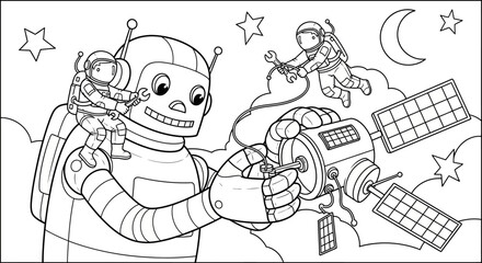 Astronauts, a friendly robot, and space elements in a futuristic scene, black and white outline coloring page.