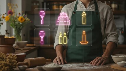 One adult male baker in a rustic kitchen interacts with a futuristic holographic digital interface, selecting menu options for baking delightful cakes, glowing candles, and using cooking whisks - Powered by Adobe