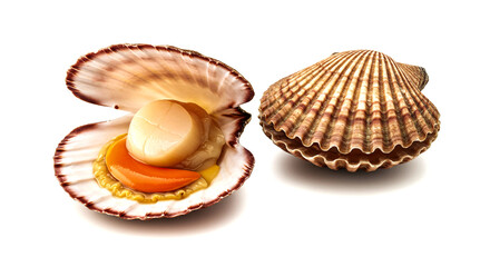 Fresh scallop with roe in an open shell, next to a closed scallop shell on a clean white surface, perfect for culinary and seafood themes