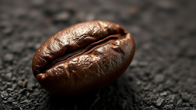 A macro shot of roasted coffee beans with textured details on a dark slate background.