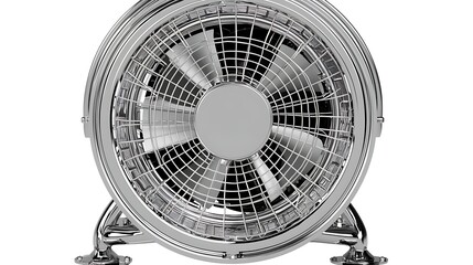 Obraz premium Electric fan facing forward on white background, mirrorless camera 35mm lens focusing on blade texture and circular grille with diffused studio light