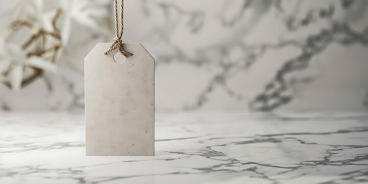 Blank tag hanging from a string against a marble background with greenery
