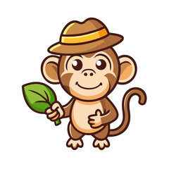 Cartoon Monkey with a Hat and Leaf