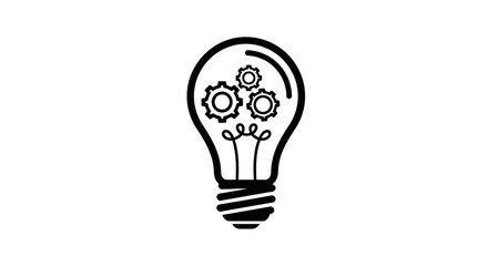 Black outline lightbulb with gears inside representing idea and innovation, isolated white background.