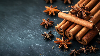 Cinnamon sticks tied with string and scattered star anise pods are displayed on a dark textured surface, hinting at holiday baking and festive spices.