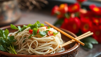 Steaming Pho noodles with fresh herbs on lacquer tray, representing Vietnam's inviting National Day cuisine.
