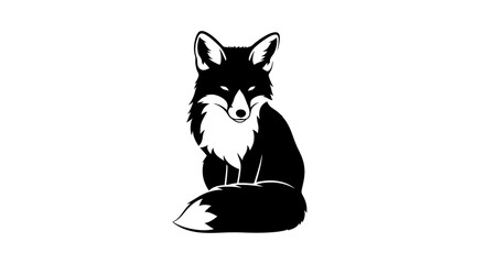 Silhouette of a sitting fox facing forward, wild animal, isolated white background.