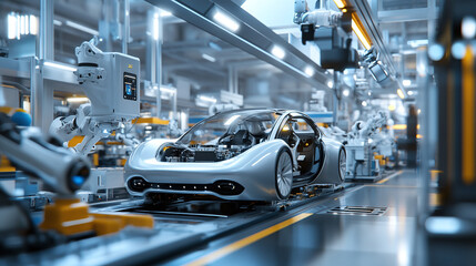 Fototapeta premium State-of-the-art electric car production line with robots and humans assembling sleek eco-friendly vehicles