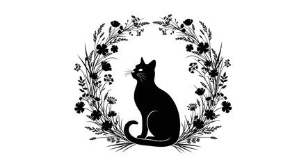 Black Cat Sitting in a Decorative Floral Wreath with Leaves and Flowers on Isolated White Background