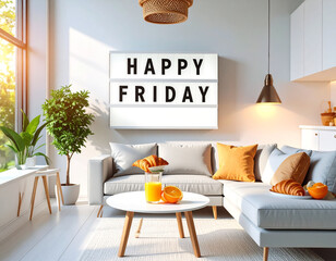 Soft Morning Light Kitchen Scene with Croissants, Fresh Oranges, and Happy Friday Display