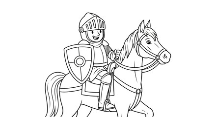 Brave Cartoon Knight Riding Horse with Shield and Spear, Medieval Adventure Character on Isolated White Background