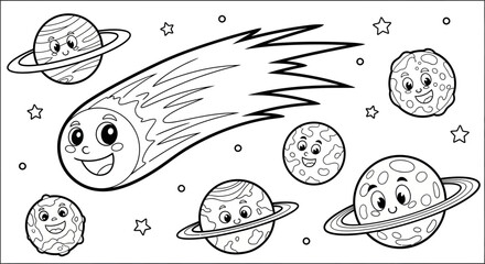 Happy Cartoon Planets and Comet in Outer Space, Kids Coloring Book Theme with Isolated White Background