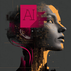 Abstract A I Human Head With Circuitry And Geometric Shapes