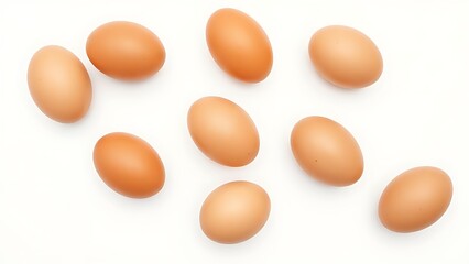 Fresh brown eggs with natural texture, isolated on a pure white background under soft overhead lighting.