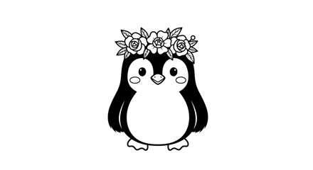 Cute Adorable Penguin Wearing a Flower Crown on an Isolated White Background