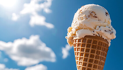 Ice cream cone with cookie dough ice cream against a blue sky with white clouds on a sunny day
