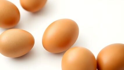 Fresh brown eggs displayed on a pure white background, emphasizing natural textures and simplicity.