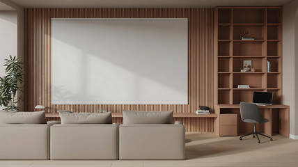Modern living room with large blank projection screen and built in wooden bookshelf and desk