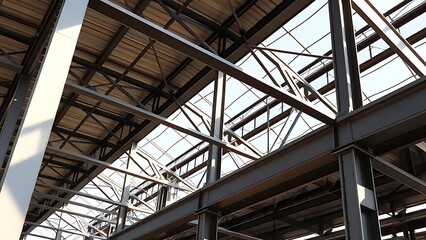 Steel framework of industrial architecture under daylight, showcasing structural details.