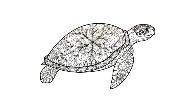 Intricate Sea Turtle with Mandala Pattern Line Art on Isolated White Background, Ocean Turtle Coloring Page