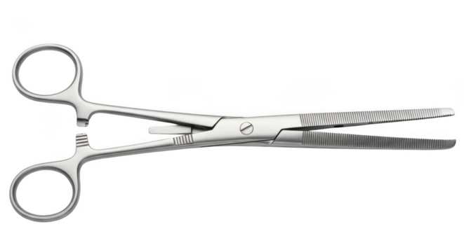 Surgical hemostat forceps, a stainless steel medical clamp tool used in surgery and medical procedures, isolated on transparent background